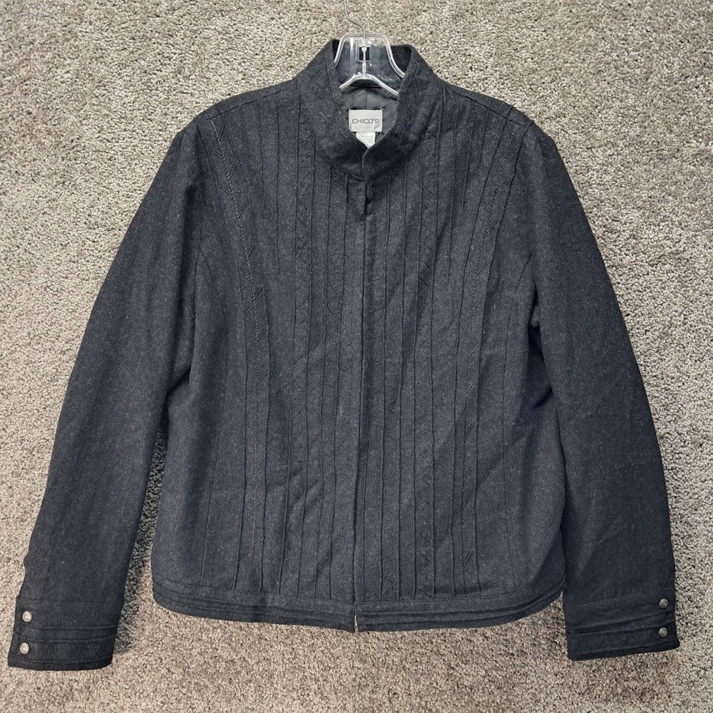 Chicos Wool Blend Embroidered Mock Neck Jacket Charcoal Gray Size 2 Medium